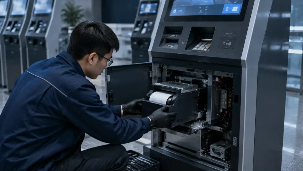 Technician maintaining kiosk printer inside self-service kiosk deployment