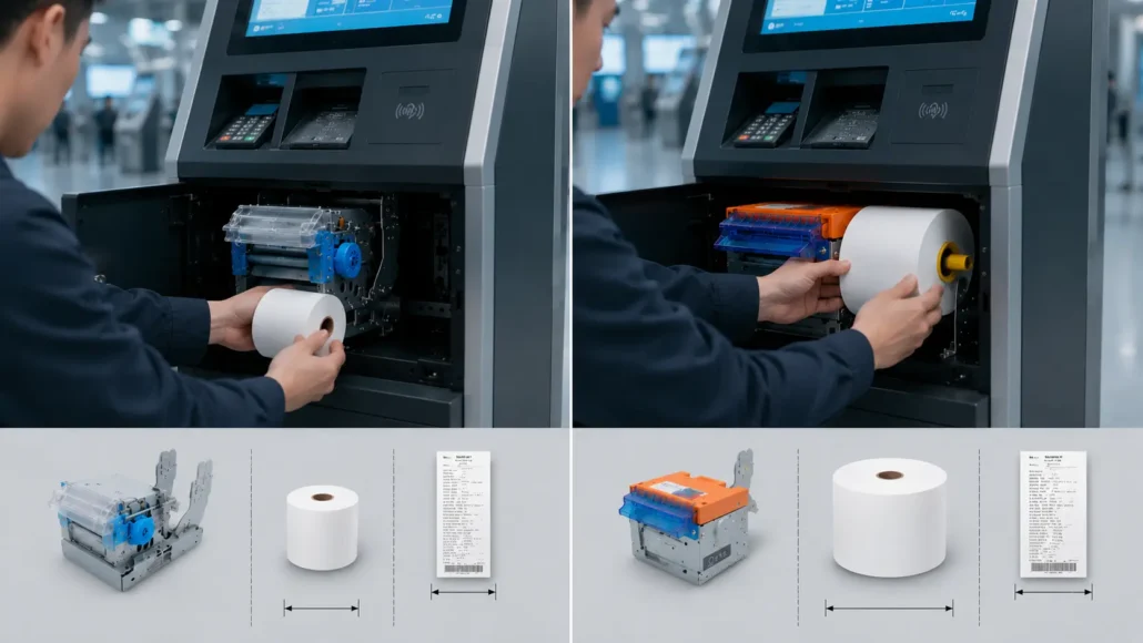 Large paper roll versus small paper roll capacity in kiosk printers