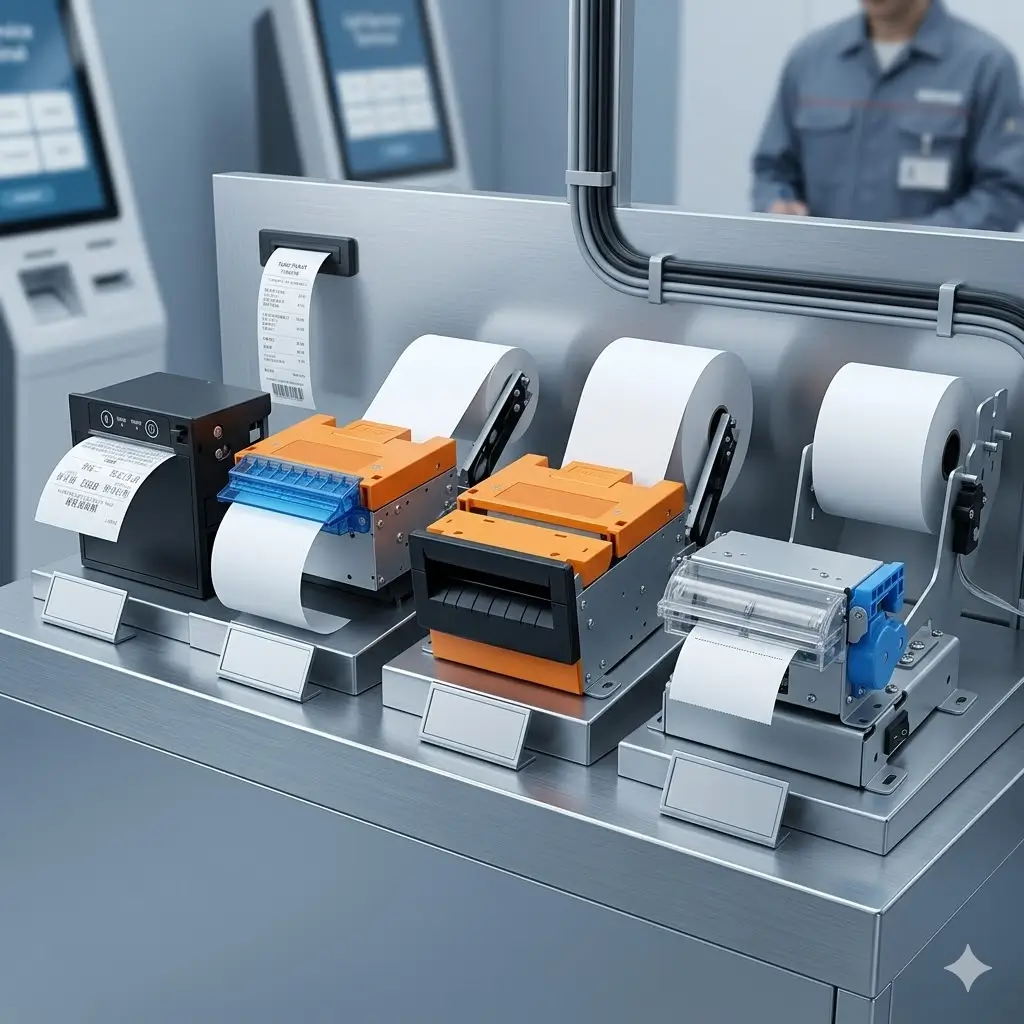 Professional product lineup of embedded kiosk printers including compact 58mm kiosk printer, industrial 80mm kiosk printer, presenter printer and auto cutter printer, arranged in a clean enterprise hardware showcase environment, focus on self-service kiosk applications, professional B2B industrial photography, blue-gray style, ultra realistic, no text, no logo, no watermark, 16:9