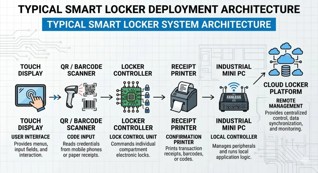 Typical Smart Locker Deployment with Thermal Kiosk Printer and Embedded Industrial Controller