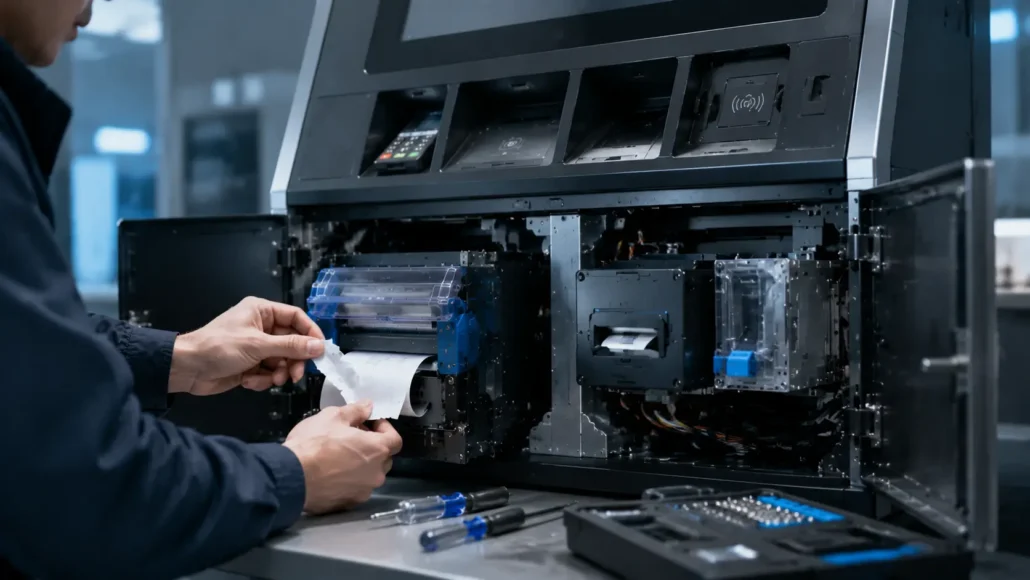 Engineer checking paper quality, printer status feedback, cutter area and kiosk enclosure design for jam troubleshooting