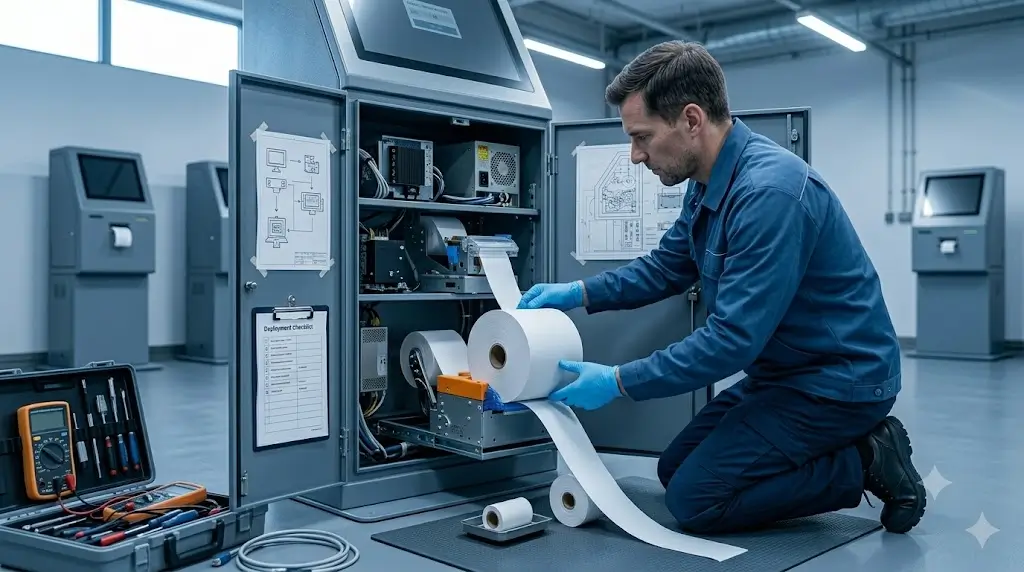 Kiosk printer paper width affecting paper replacement frequency and maintenance workload