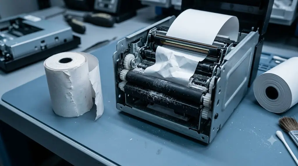 Thermal paper quality affecting kiosk printer feeding and jam reliability