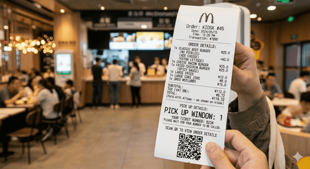 80mm self-ordering kiosk receipt with modifiers and QR code