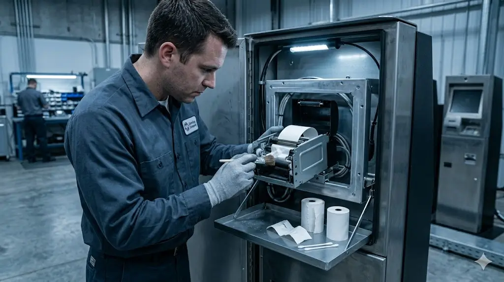 Technician inspecting kiosk printer paper path and maintenance access inside a self-service terminal