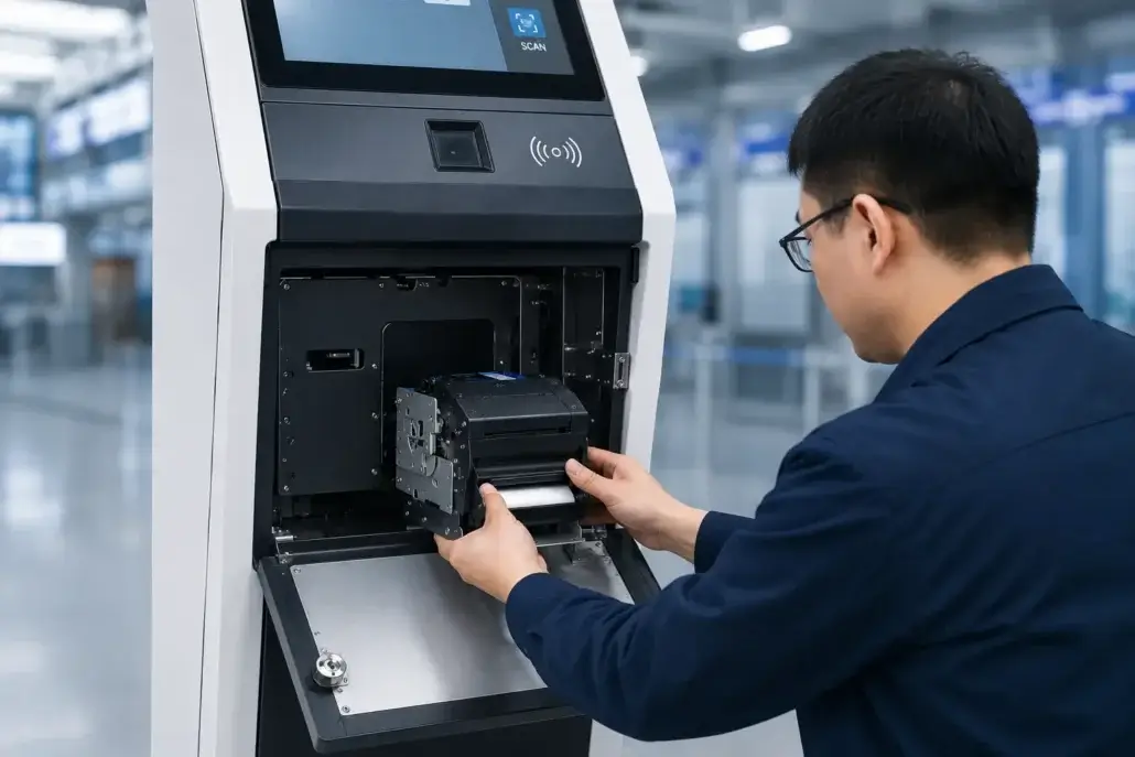 Front-access kiosk printer design for simplified maintenance and servicing