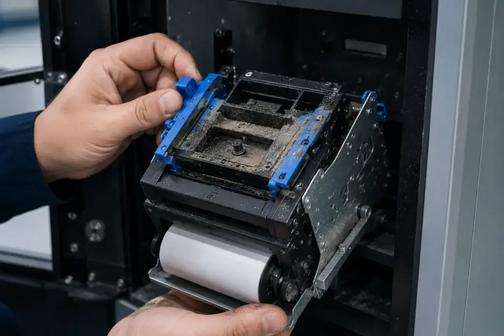 Dust accumulation inside a kiosk printer affecting long-term operational reliability