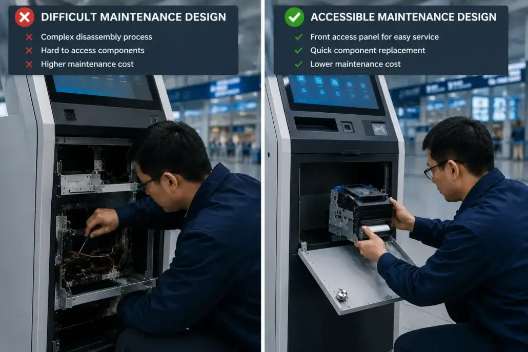 Accessible kiosk printer maintenance design reducing service time and downtime