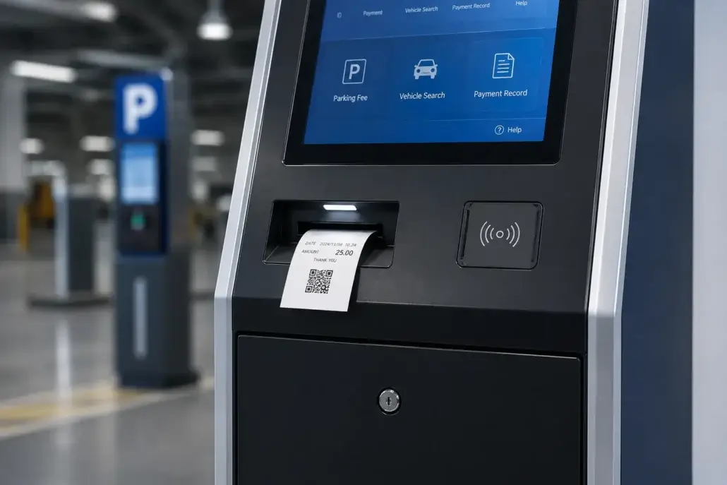 Presenter printer retaining receipt until customer collects it from the kiosk