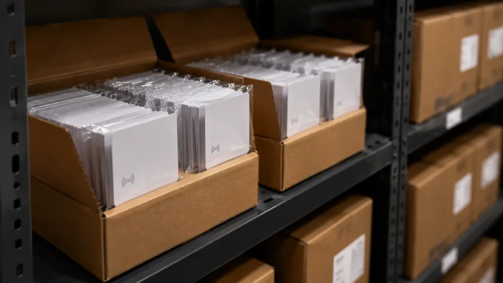 RFID card inventory storage before self-service kiosk deployment