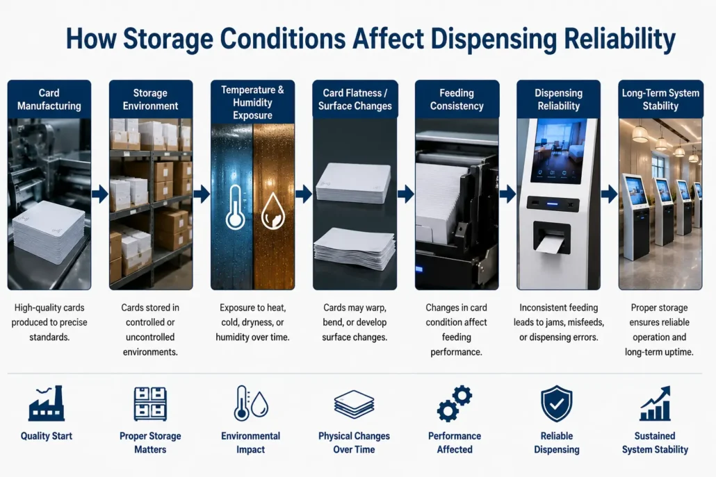 Diagram showing how card storage conditions affect long-term card dispenser reliability