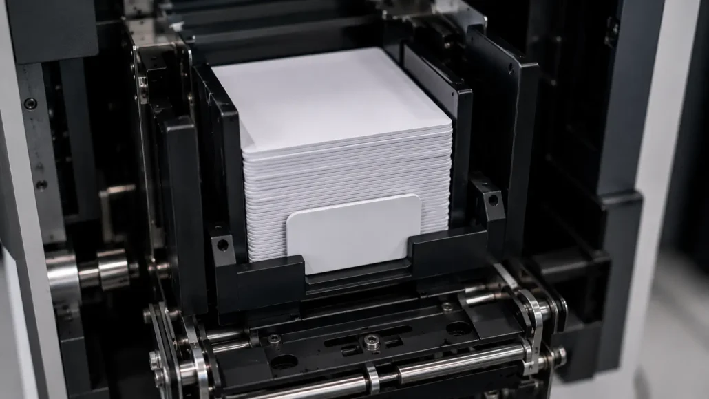 Card hopper presenting RFID cards to automated dispensing mechanism