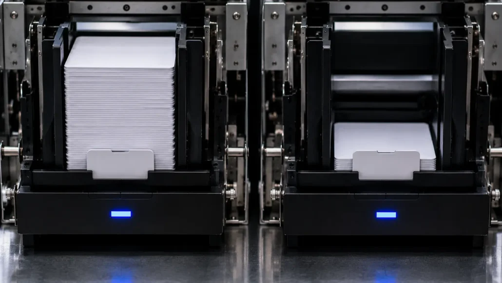 Card stack height changes inside hopper during dispensing operation