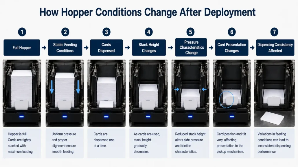 How changing hopper conditions influence dispensing consistency over time