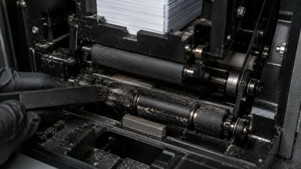 Gradual dust accumulation affecting card dispenser movement consistency