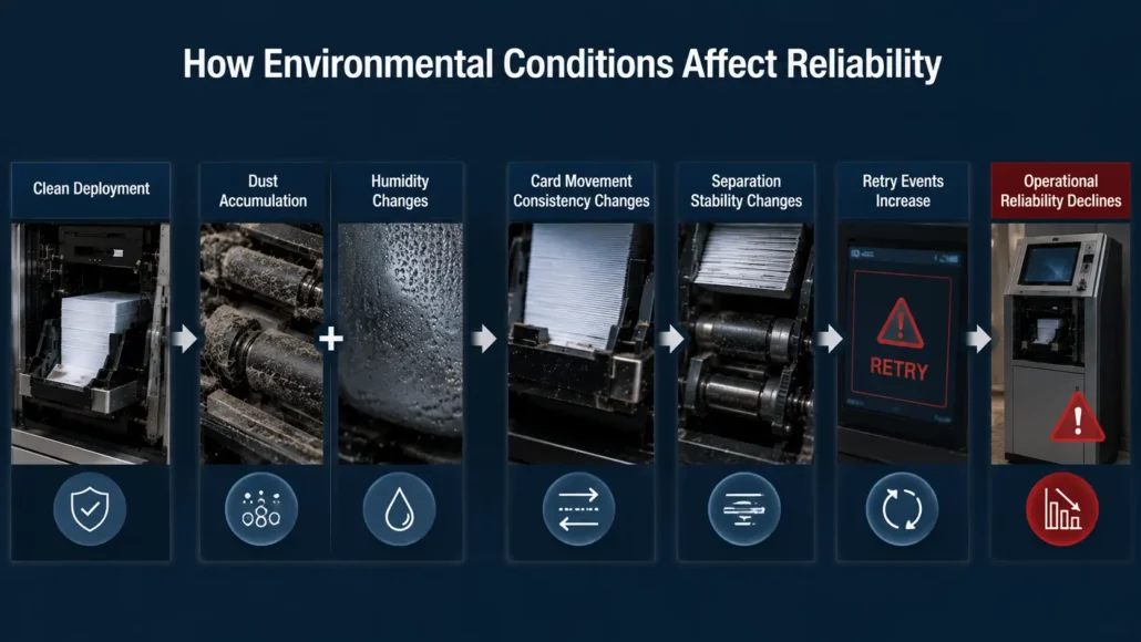 Relationship between environmental conditions and card dispenser reliability