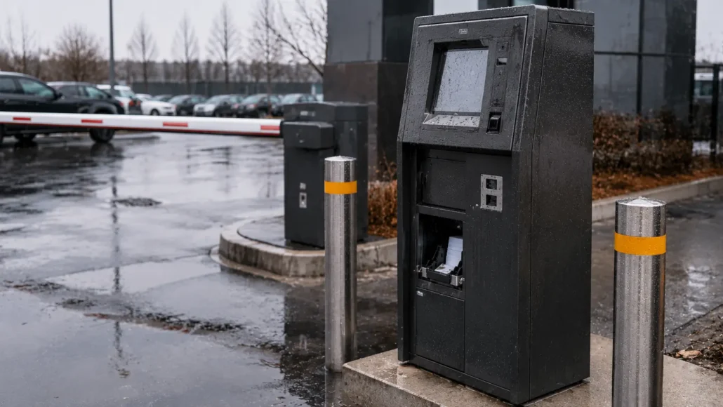 Outdoor self-service kiosk exposed to environmental conditions affecting card dispenser reliability