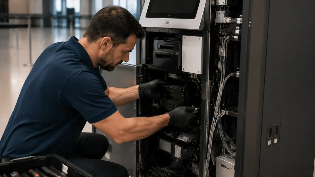 Maintenance accessibility challenges inside integrated self-service kiosk systems
