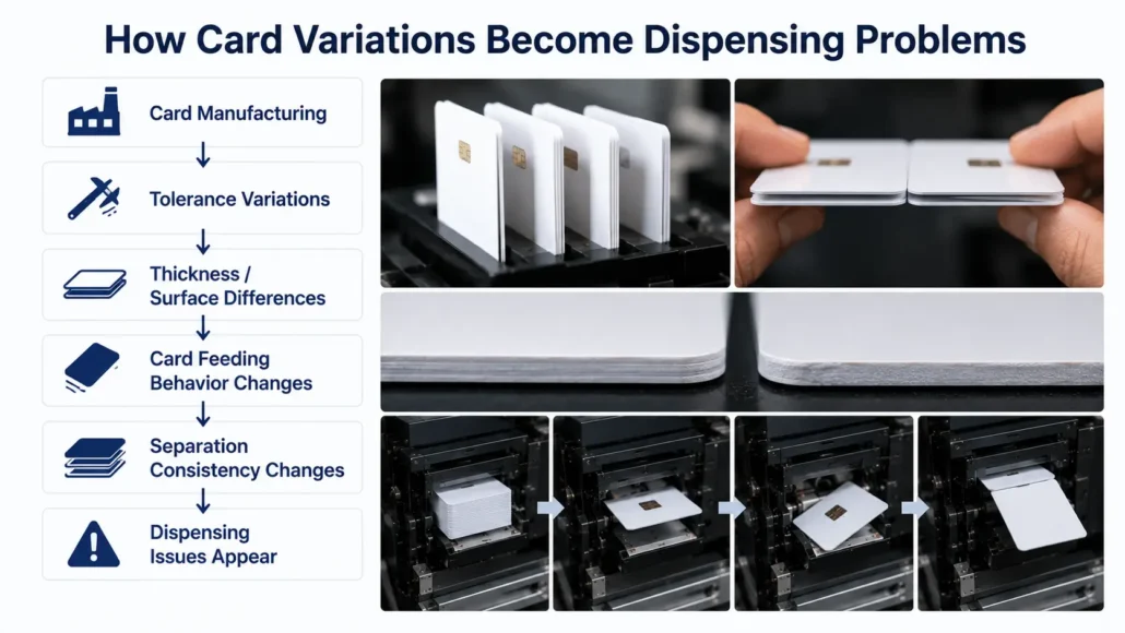 Relationship between card manufacturing variation and dispensing reliability