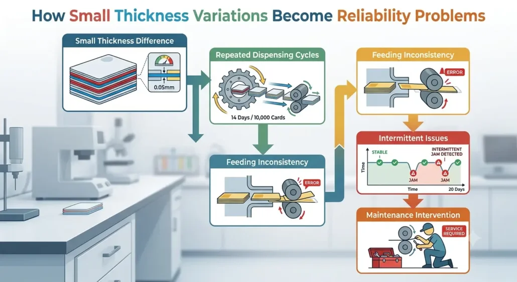 Relationship between card thickness variation and long-term dispensing reliability