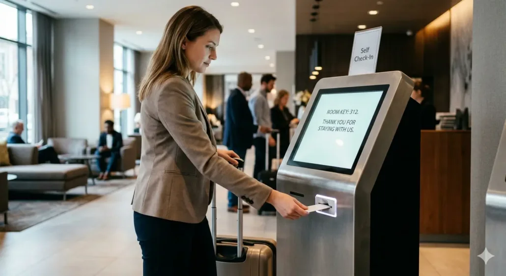 Guest collecting a room key card from a hotel self-check-in kiosk