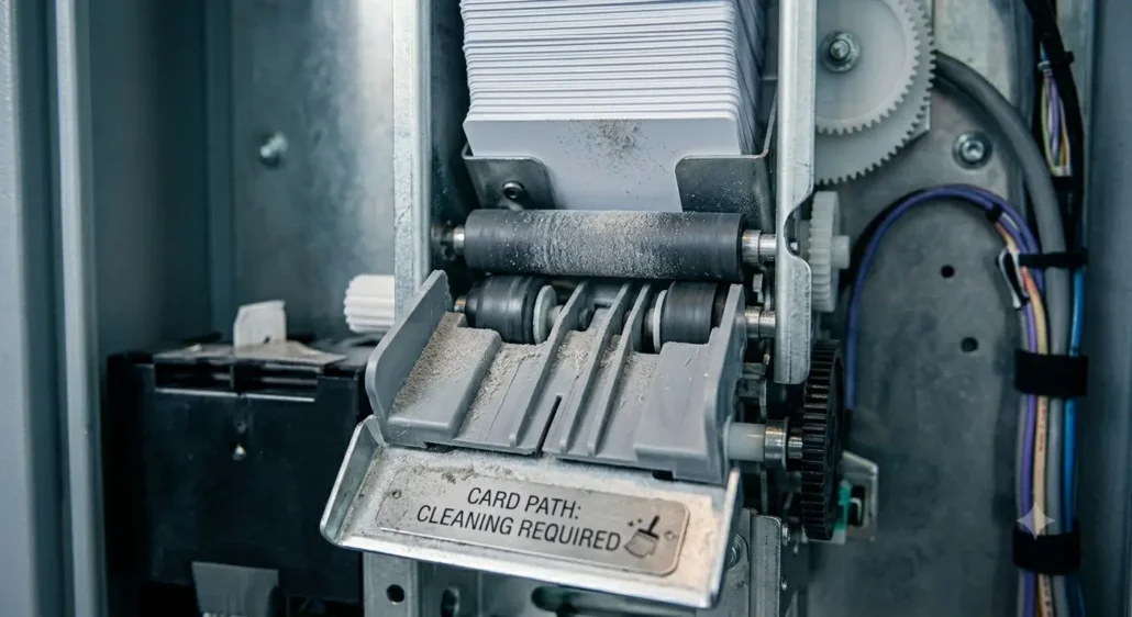Dust accumulation inside a card dispenser affecting long-term card movement consistency