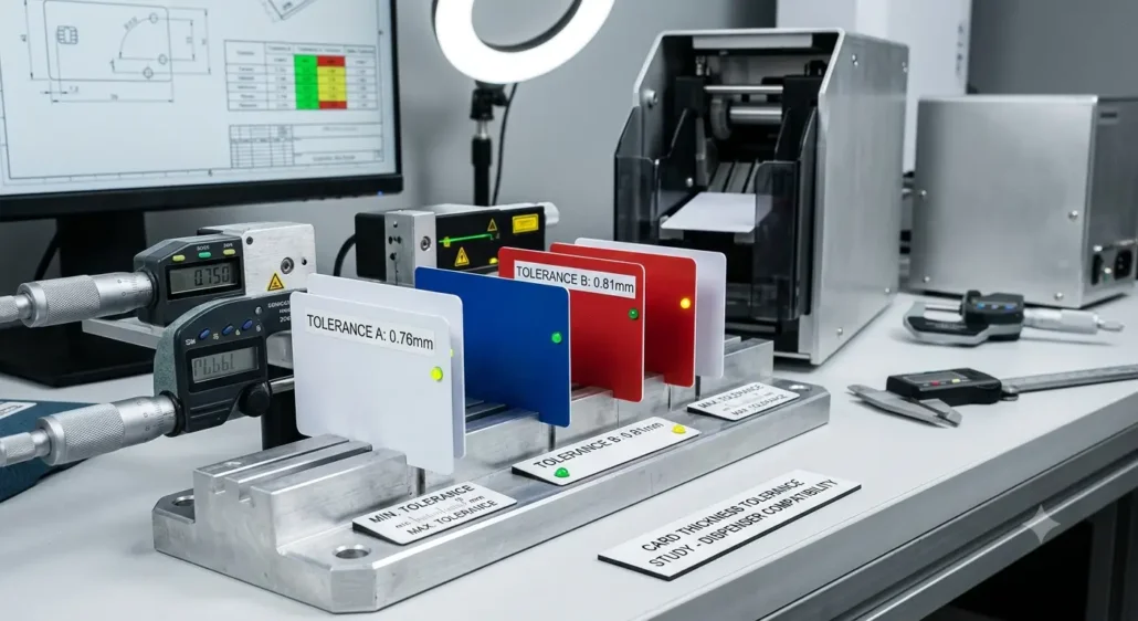 Subtle card thickness differences influencing dispensing consistency in card issuance systems