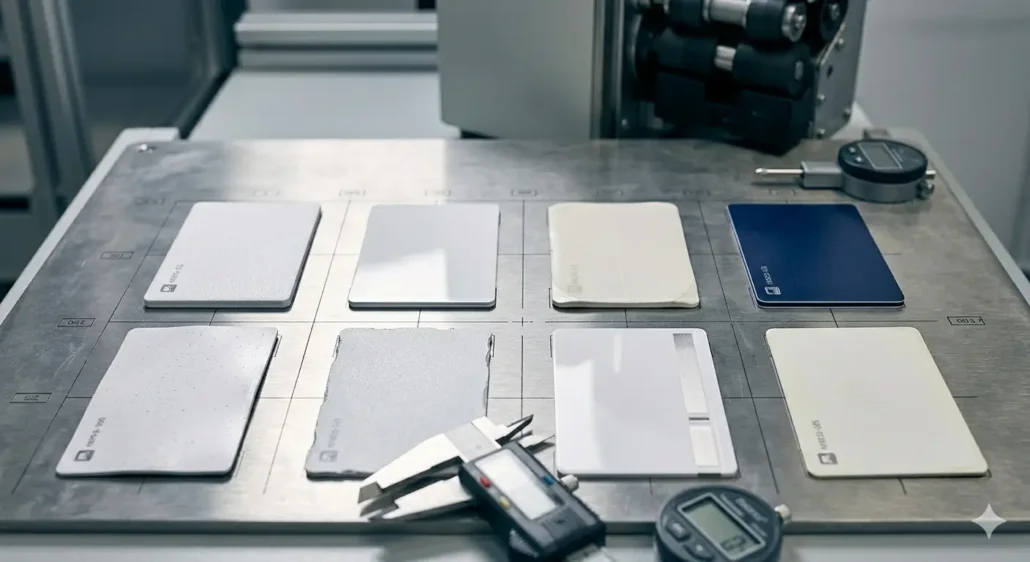 Various RFID access cards from different manufacturers displayed side by side, subtle differences in construction and surface finish, engineering evaluation environment, focus on card consistency challenges in automated dispensing systems, industrial photography