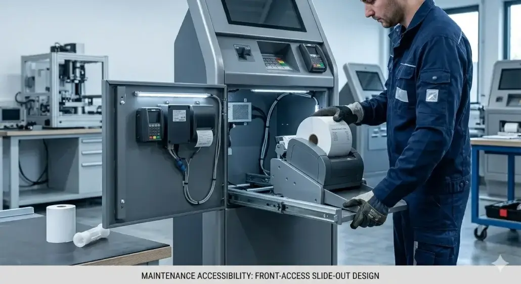 Front-access kiosk printer design reducing maintenance time and operational downtime