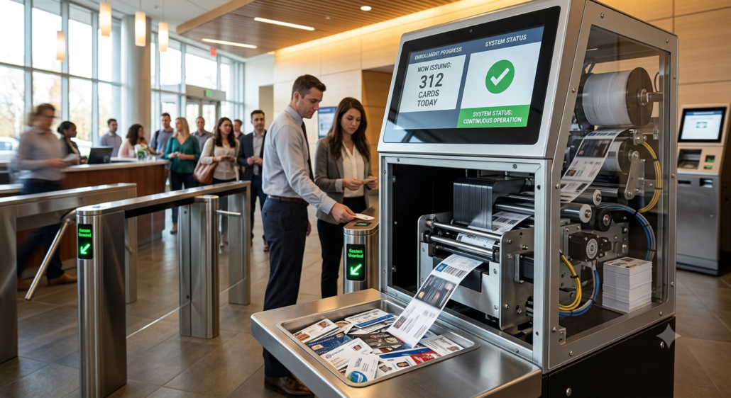 High-volume card issuance environment where small card variations affect dispensing performance