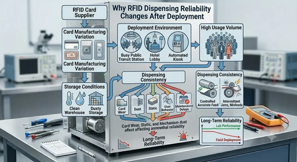 Key factors influencing RFID card dispensing reliability in self-service kiosk deployments