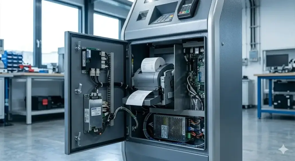 Compact 58mm kiosk printer installed inside a space-constrained self-service terminal
