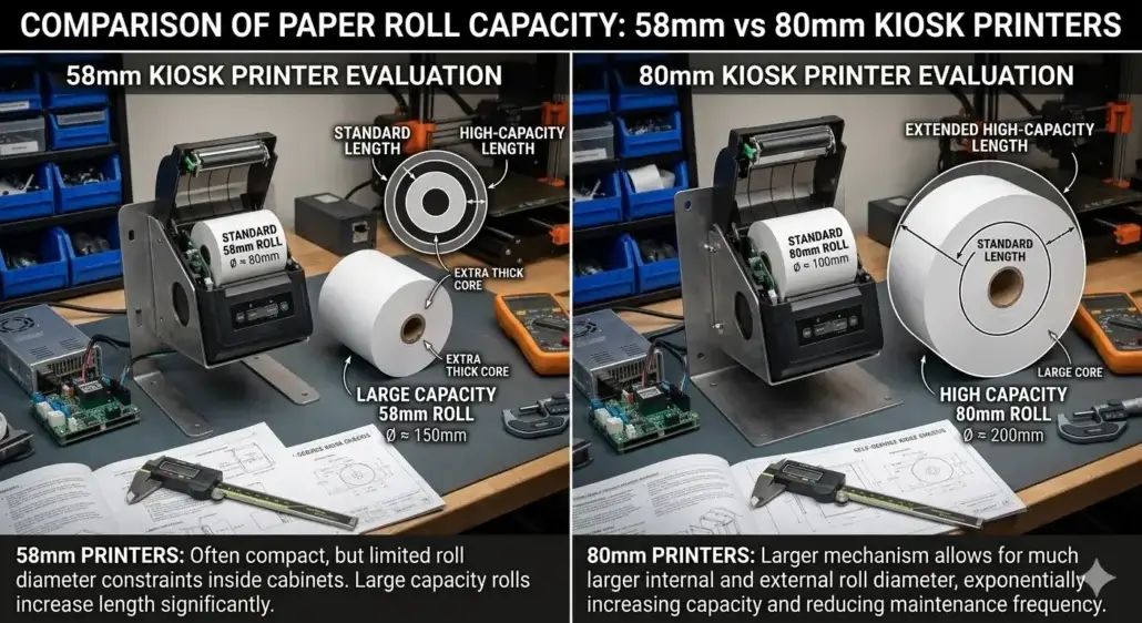 Paper roll capacity comparison between 58mm and 80mm kiosk printers