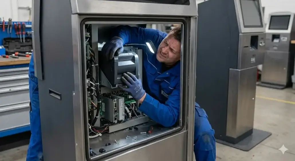 Limited maintenance access increasing service complexity in kiosk printer installations