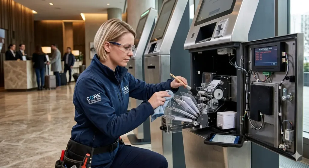 Technician investigating card dispensing reliability in a deployed self-service kiosk