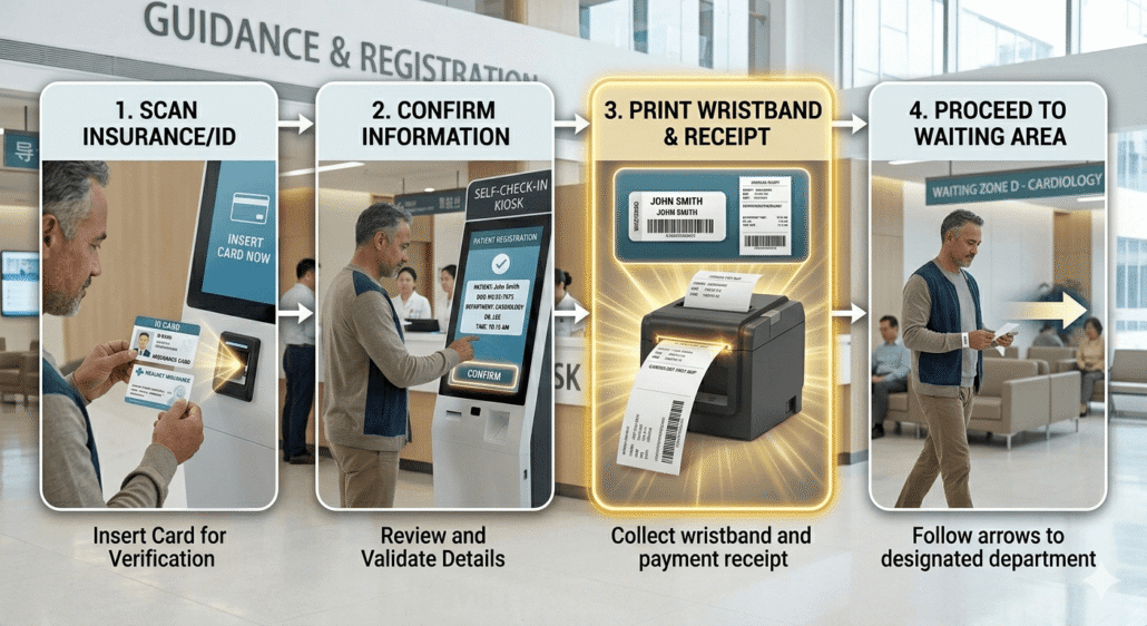 Patient check-in kiosk workflow with wristband printing