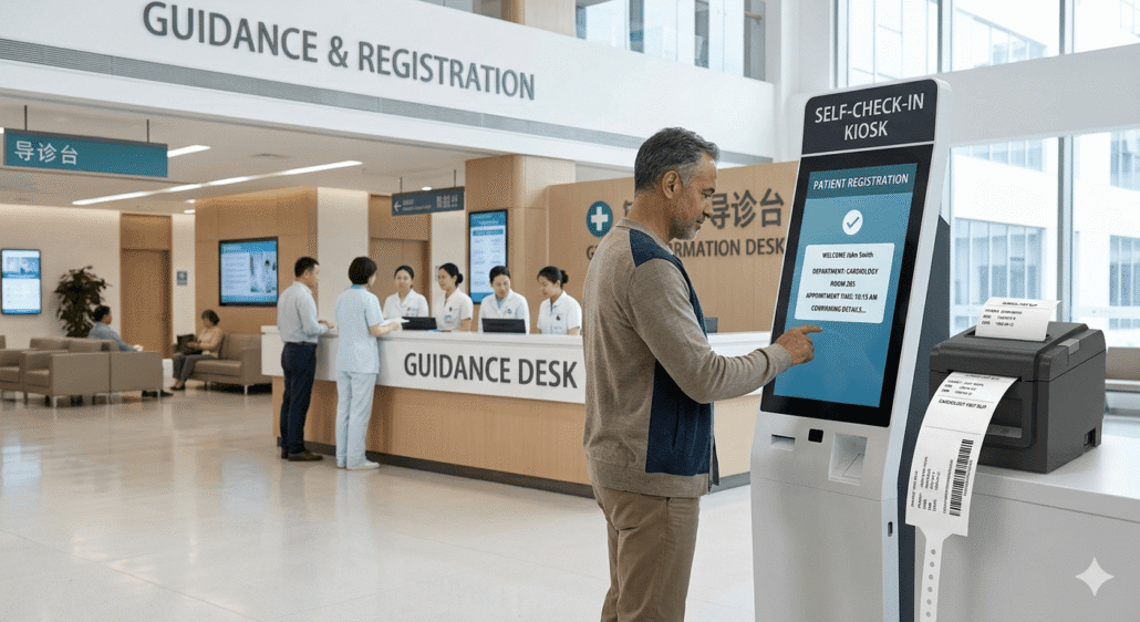 Patient using hospital check-in kiosk printing wristband and receipt