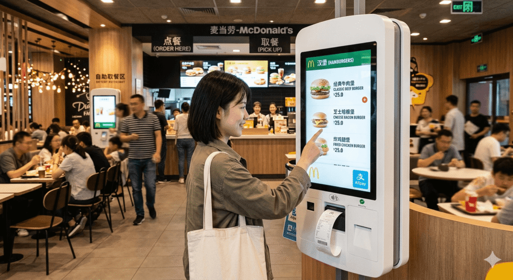 Customer using self-ordering kiosk at fast food restaurant with receipt printing