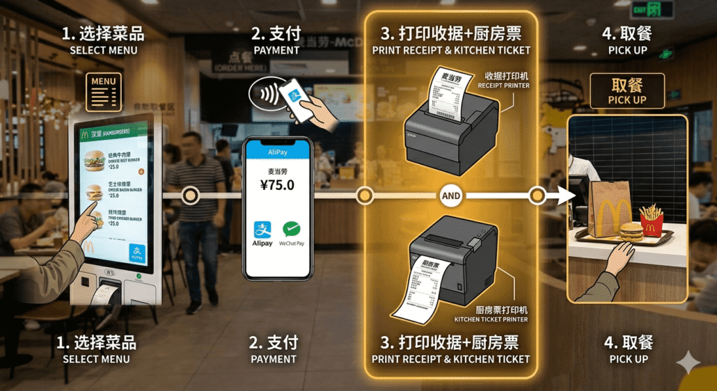 Self-ordering kiosk workflow with kitchen ticket printing
