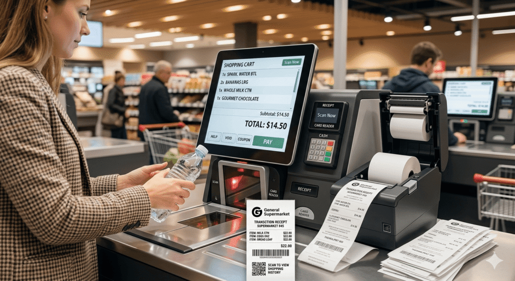 Customer using self-checkout kiosk at grocery store with receipt printing