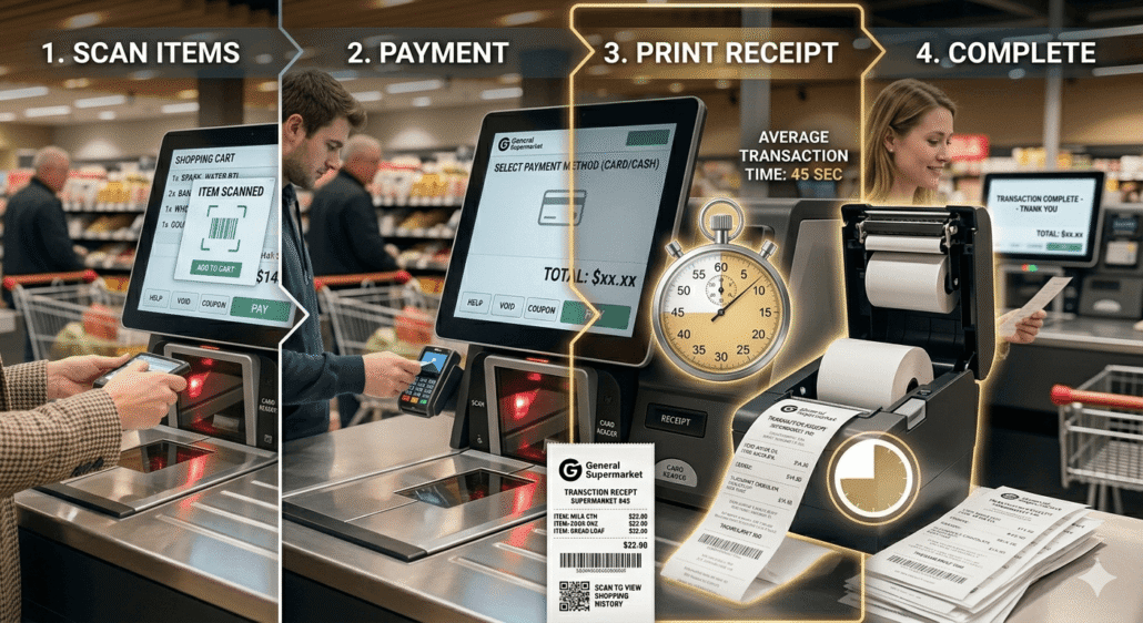 Self-checkout workflow with 45-second transaction time