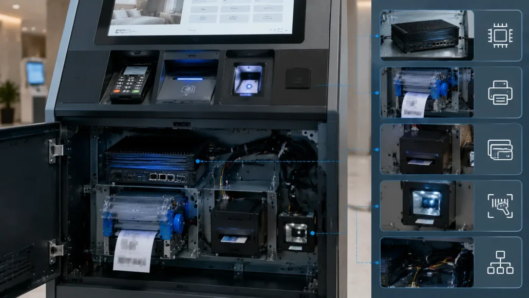 fanless industrial mini PC inside hotel kiosk cabinet
