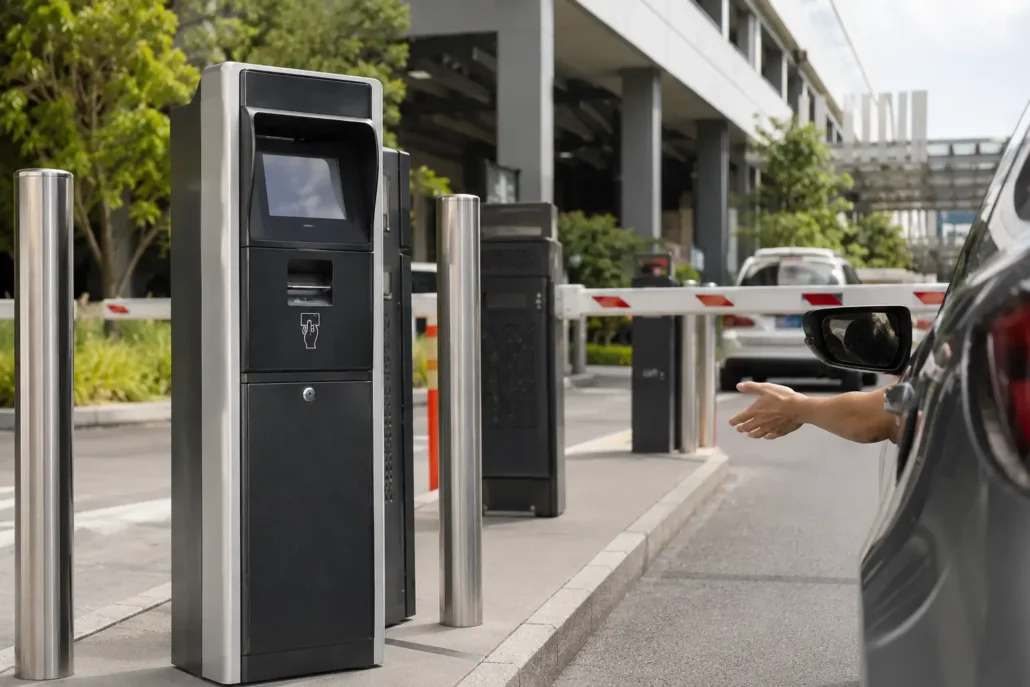 Outdoor parking ticketing kiosk operating in a real vehicle entry environment