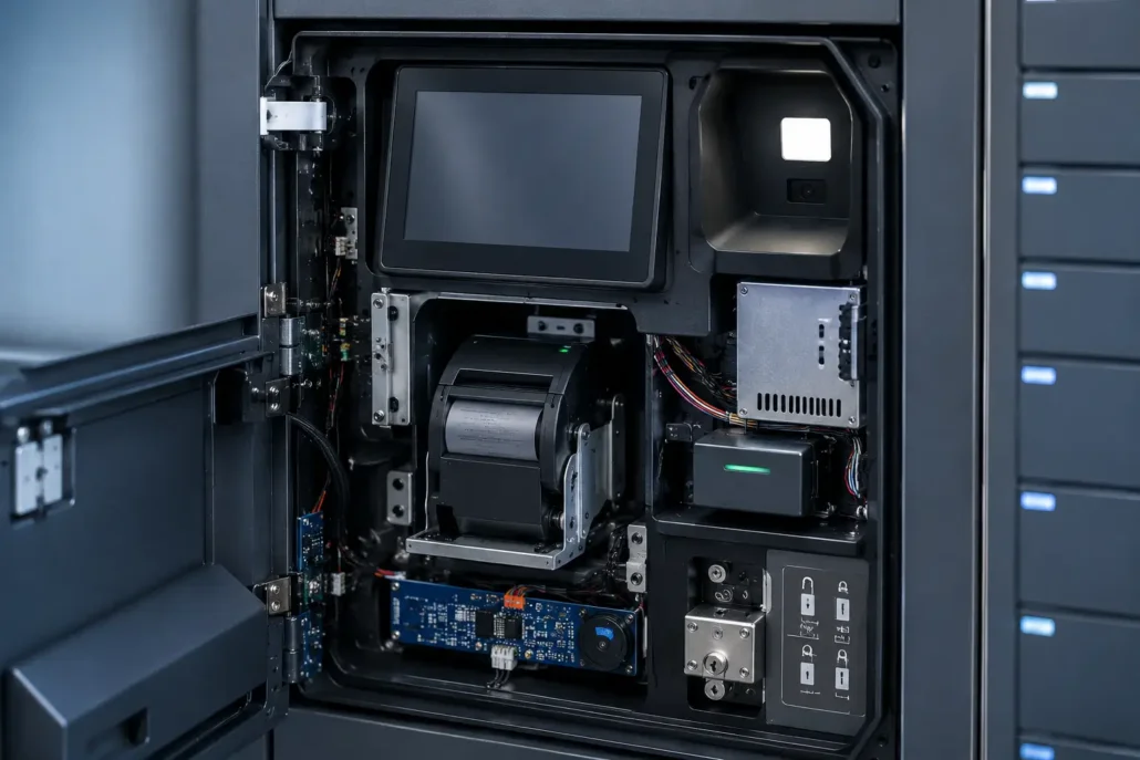 Integrated QR scanner and thermal printer hardware inside a smart locker terminal