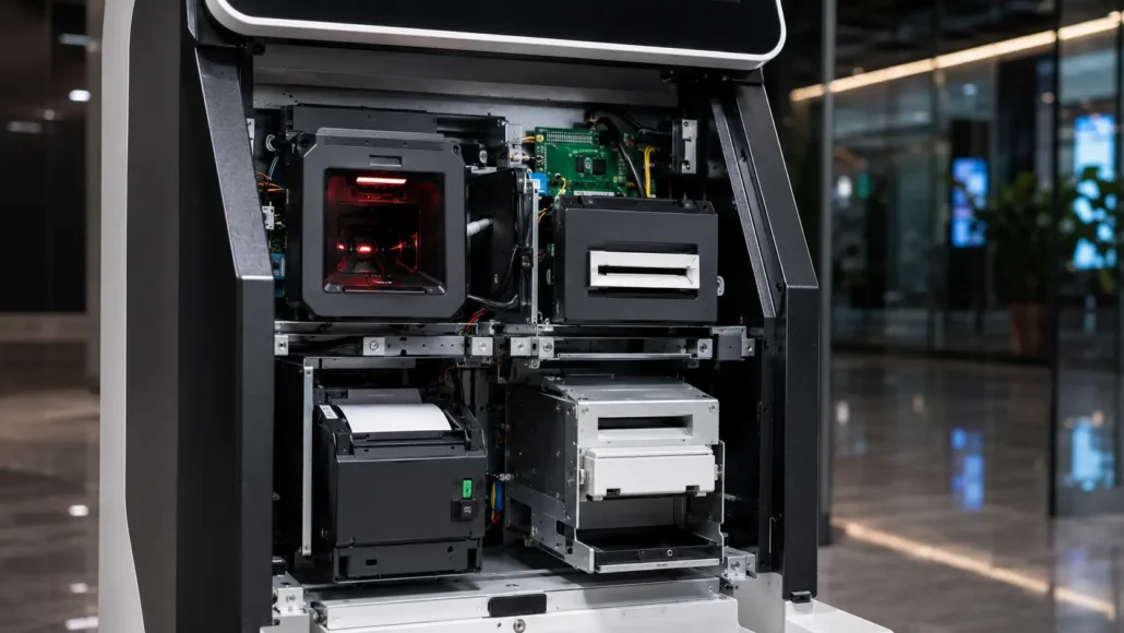 Integrated scanner, card dispenser and printer hardware inside visitor management kiosk