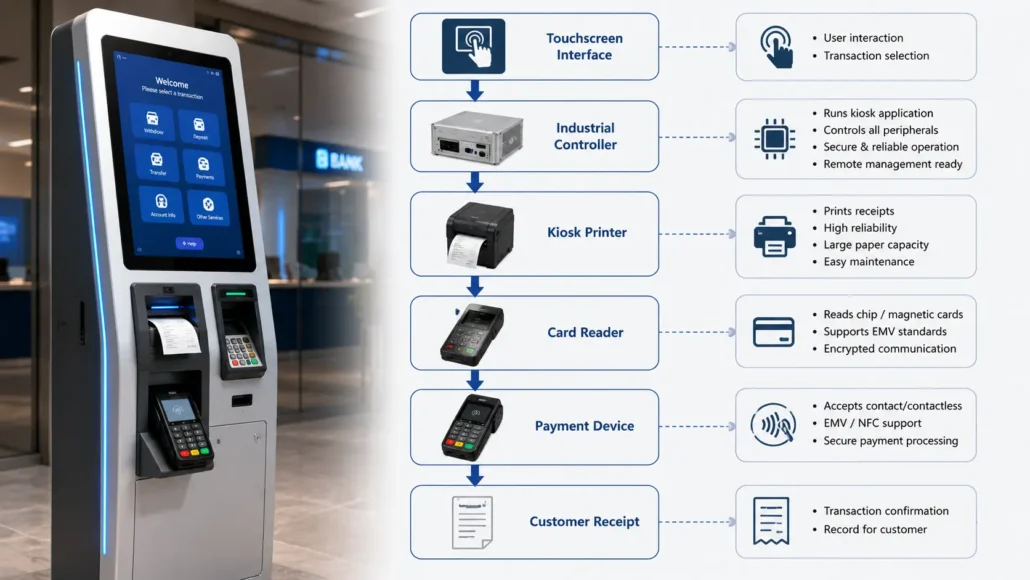 Banking self-service terminal with integrated kiosk printer