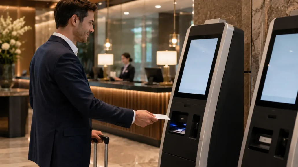 Guest receiving RFID room card from hotel self check-in kiosk