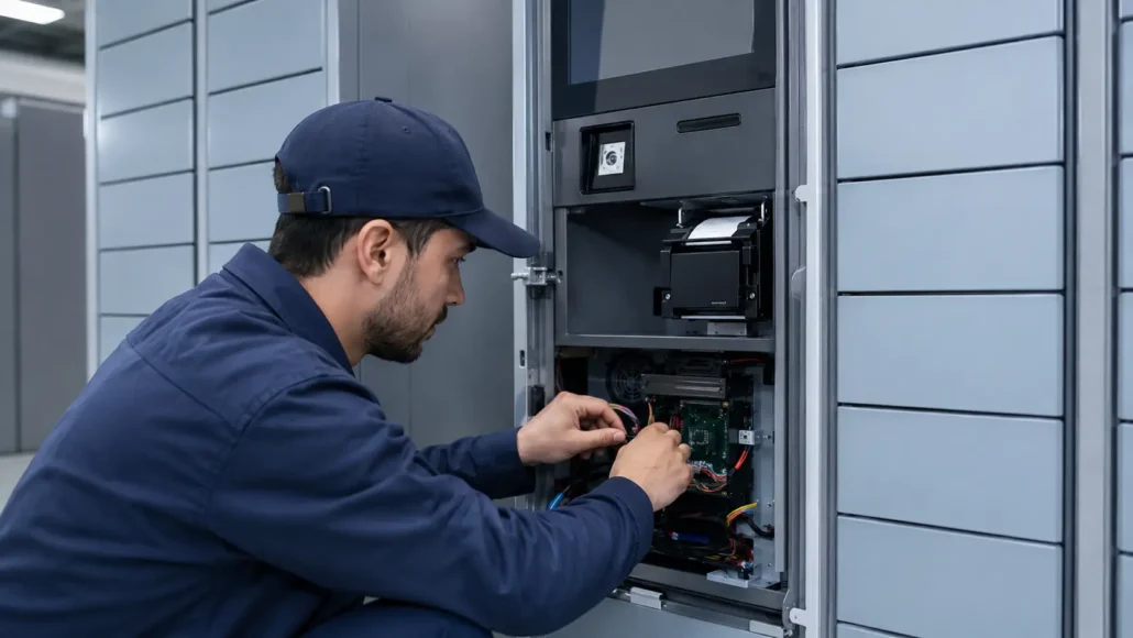 Technician maintaining smart locker terminal hardware including scanner printer and industrial controller