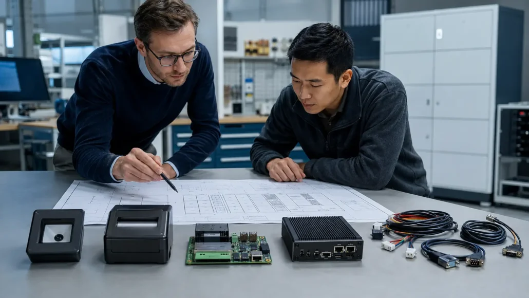Engineer reviewing smart locker hardware selection including scanner printer locker controller and industrial PC
