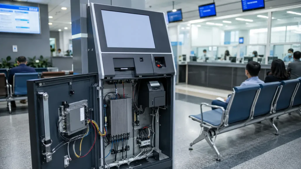 Queue management hardware architecture with ticket printer scanner touchscreen industrial controller and calling display